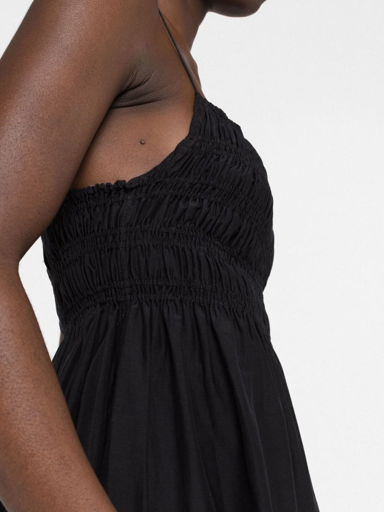 Black Shirred Sleeveless Midi Dress