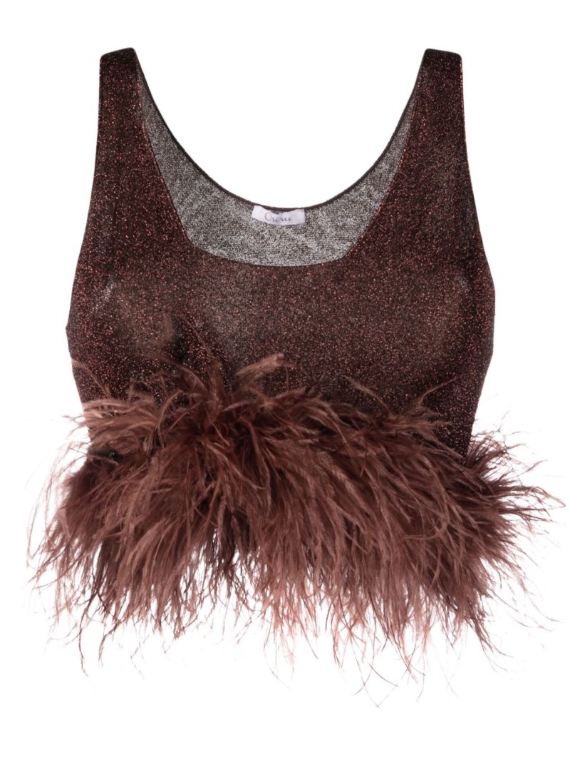 Brown LumiÃ_x0083_Â¨re Feather-trim Crop Top