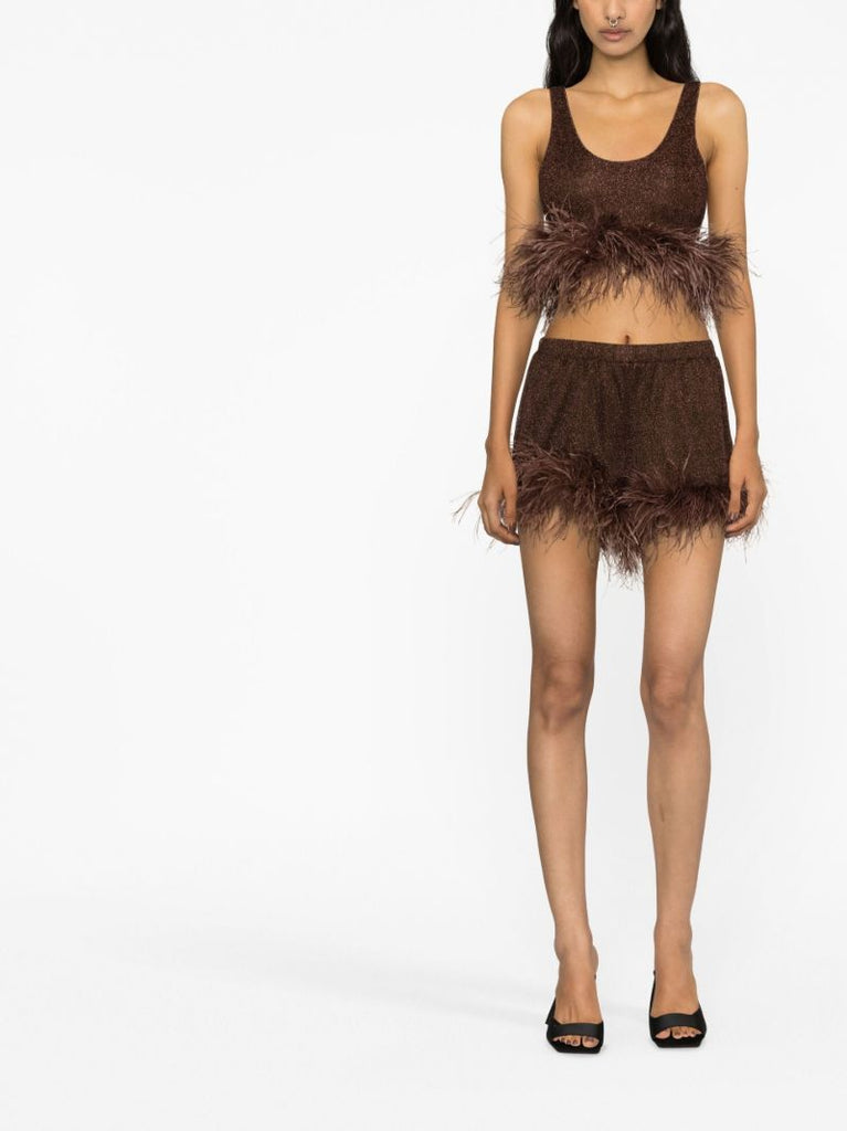 Brown LumiÃ_x0083_Â¨re Feather-trim Crop Top