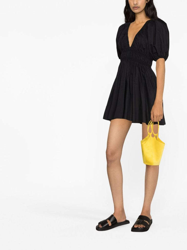Black Shirred Plunge Mini Dress