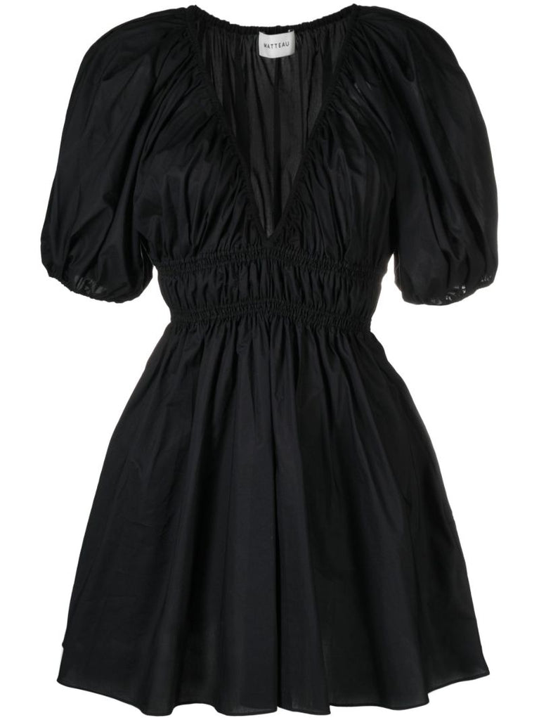 Black Shirred Plunge Mini Dress