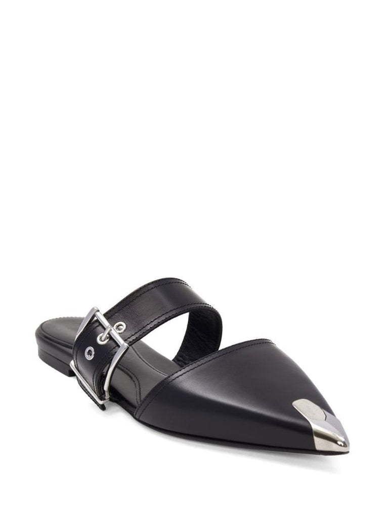 Black Buckle-fastening Leather Ballerina Pumps