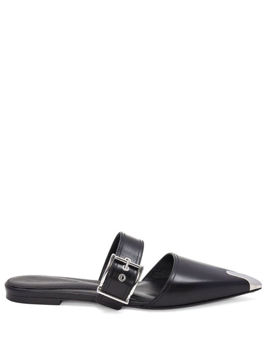 Black Buckle-fastening Leather Ballerina Pumps