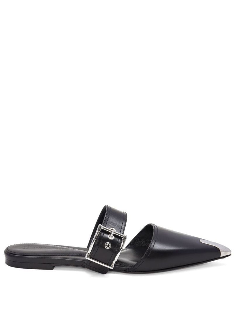 Black Buckle-fastening Leather Ballerina Pumps