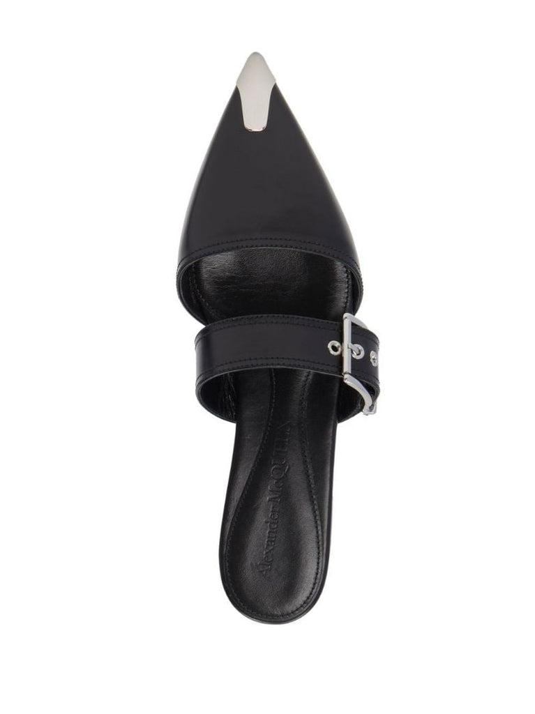 Black Buckle-fastening Leather Ballerina Pumps
