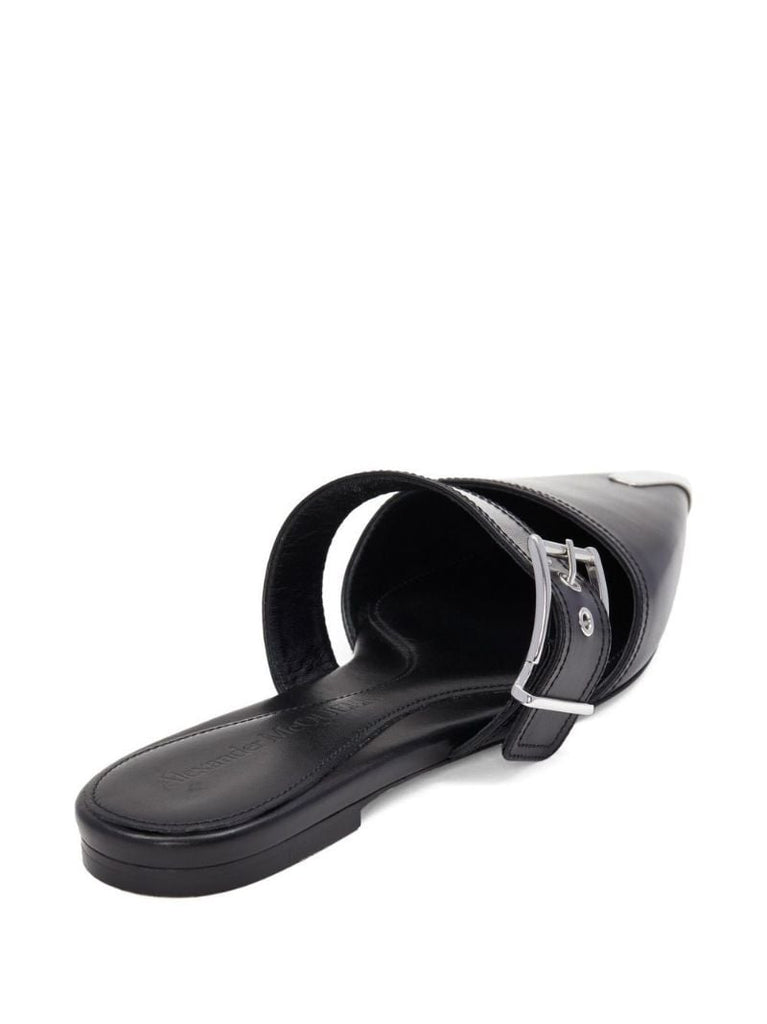 Black Buckle-fastening Leather Ballerina Pumps