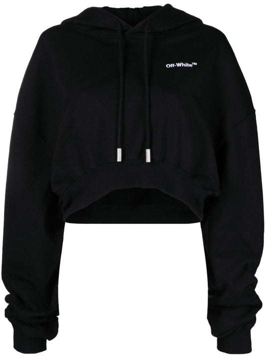 Black Embroidered Logo Cropped Hoodie