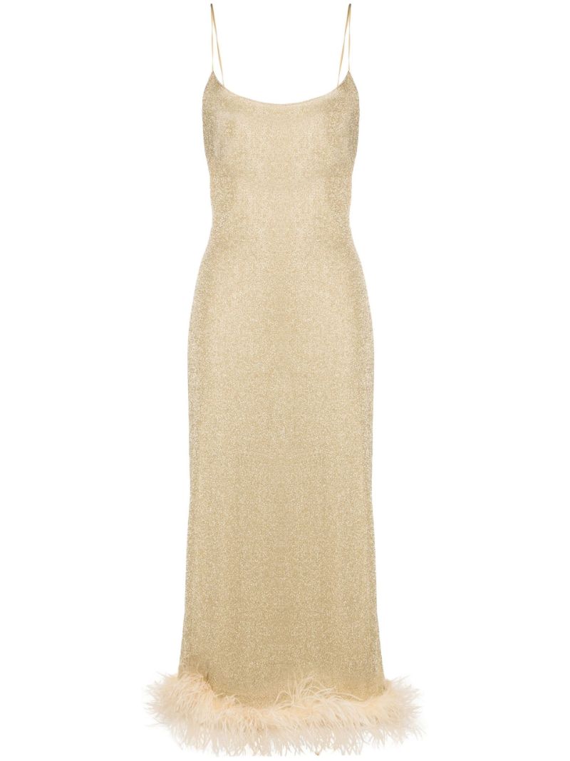 Gold LumiÃ_x0083_Â¨re Feather Trim Midi Dress