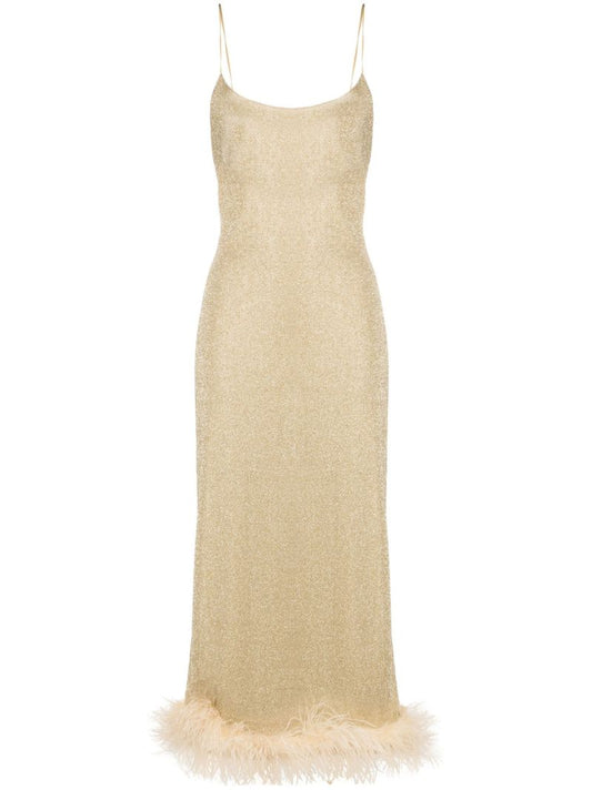 Gold LumiÃ_x0083_Â¨re Feather Trim Midi Dress