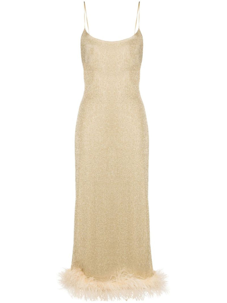 Gold LumiÃ_x0083_Â¨re Feather Trim Midi Dress