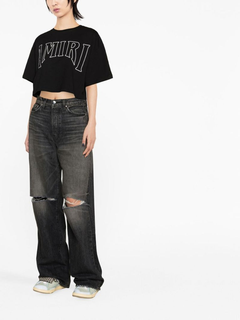 Black Logo Print Cropped Cotton T-shirt