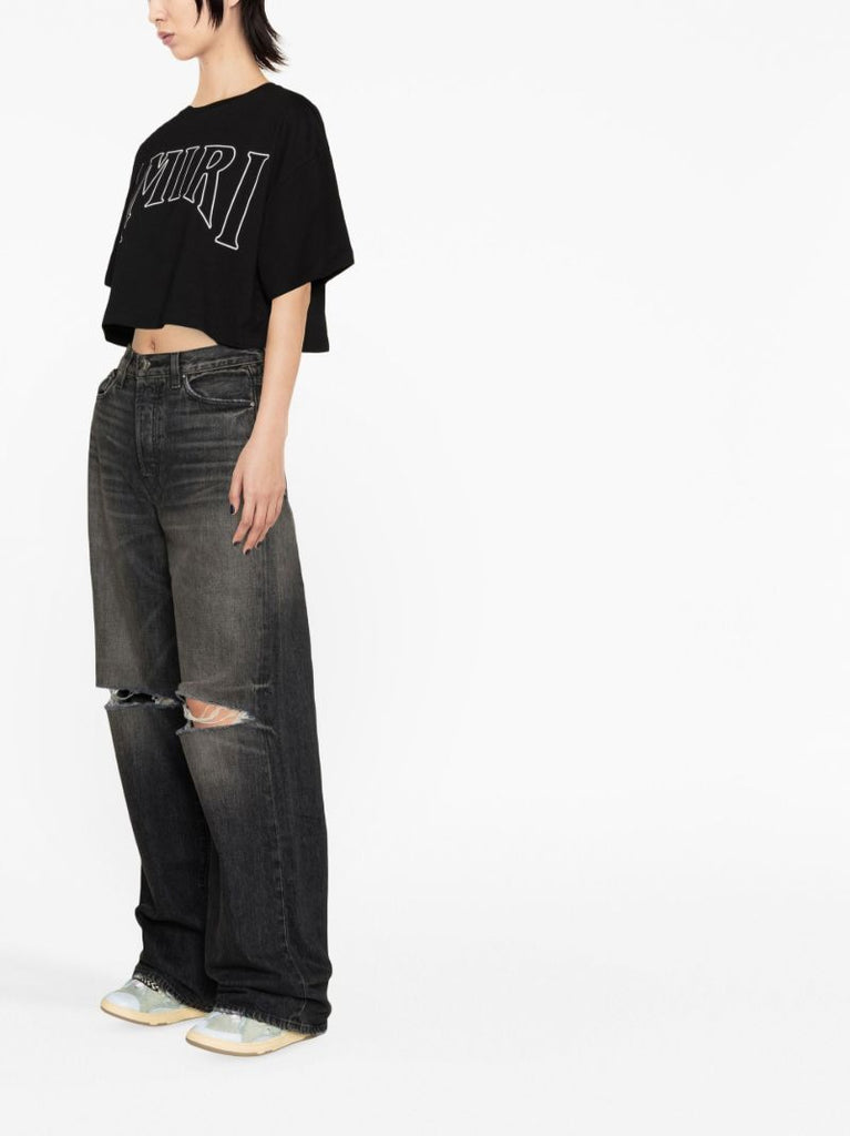 Black Logo Print Cropped Cotton T-shirt