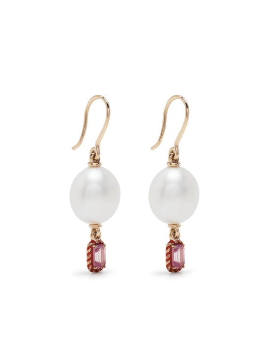 14k Yellow Gold Cocktail Streamer Pearl and Sapphire Single Drop Earring