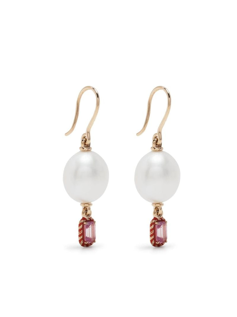 14k Yellow Gold Cocktail Streamer Pearl and Sapphire Single Drop Earring
