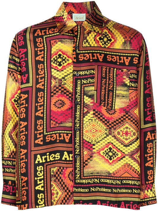 Yellow Scarf Print Silk Shirt