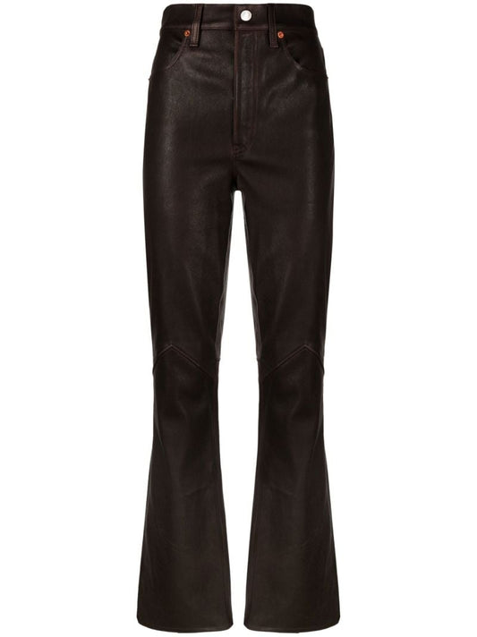 Brown High Waist Flared Leather Trousers