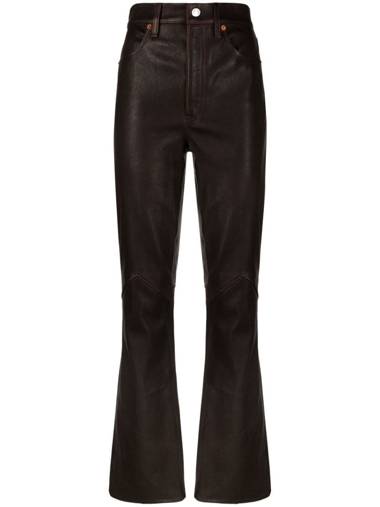 Brown High Waist Flared Leather Trousers