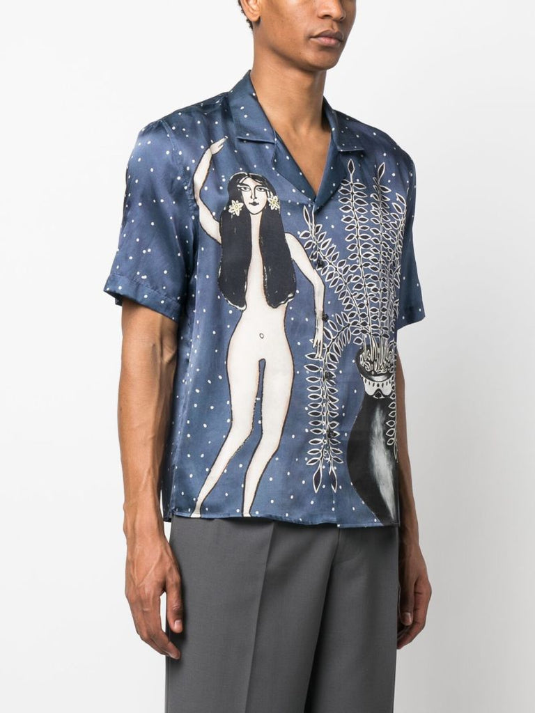 Dark Blue Fern Camp Print Silk Shirt