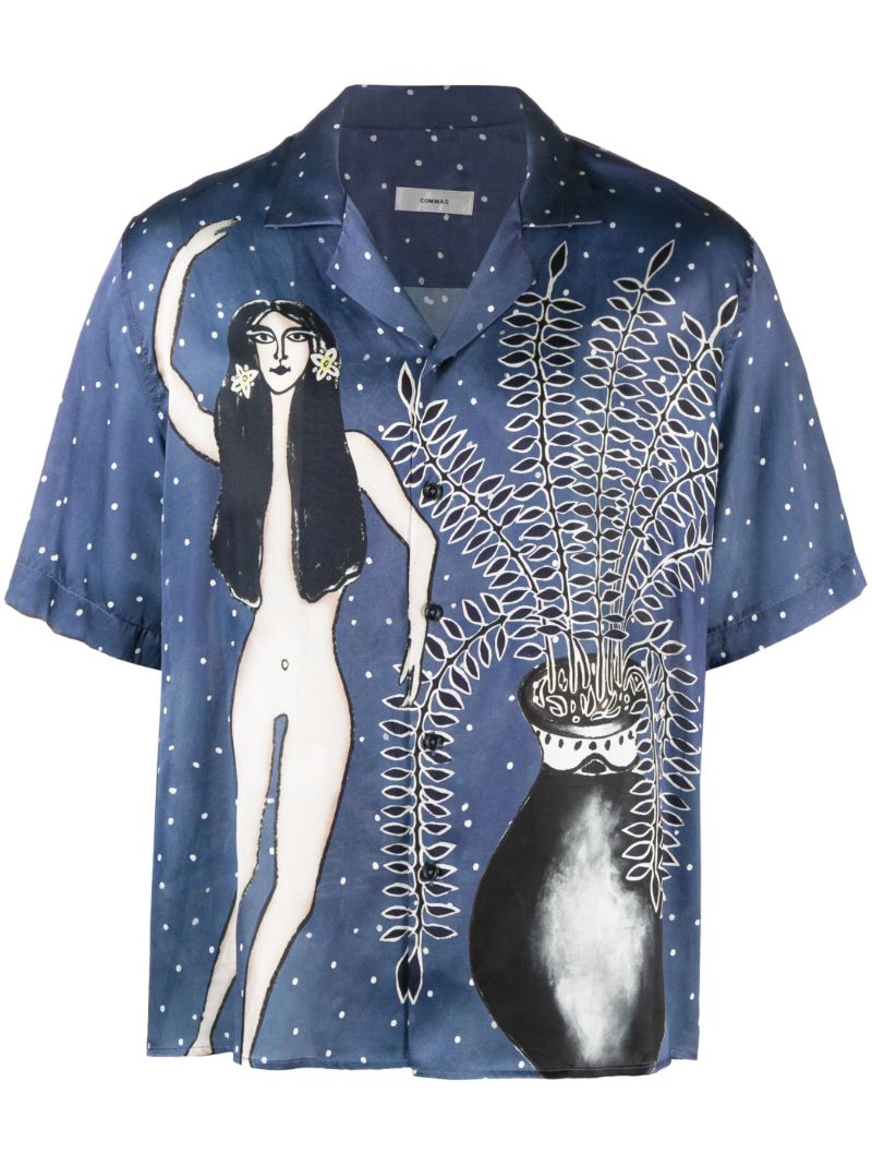 Dark Blue Fern Camp Print Silk Shirt