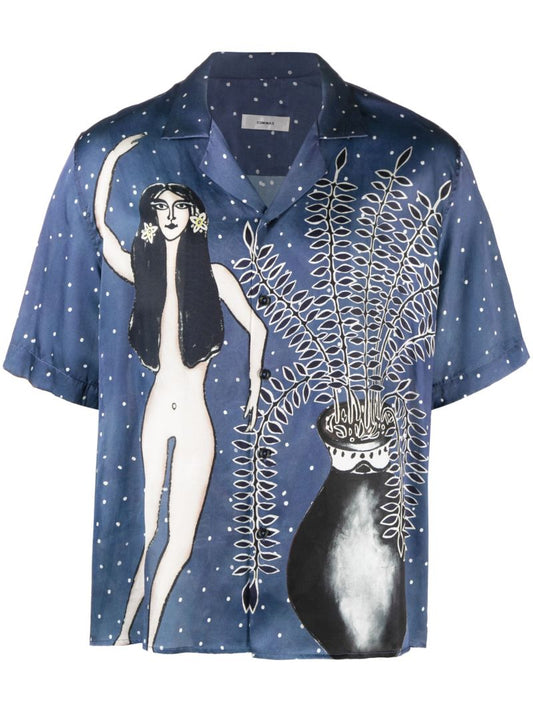 Dark Blue Fern Camp Print Silk Shirt