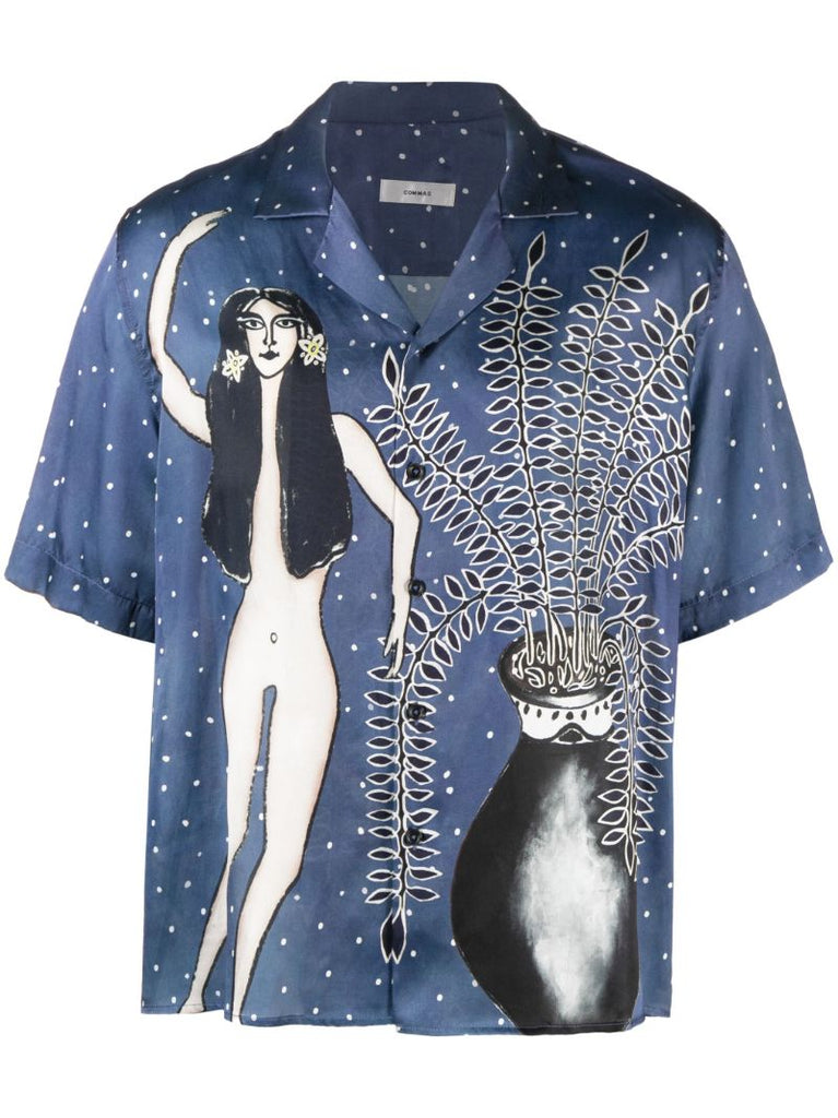 Dark Blue Fern Camp Print Silk Shirt