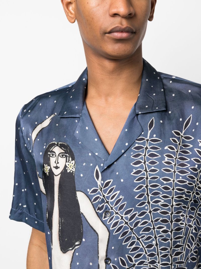 Dark Blue Fern Camp Print Silk Shirt