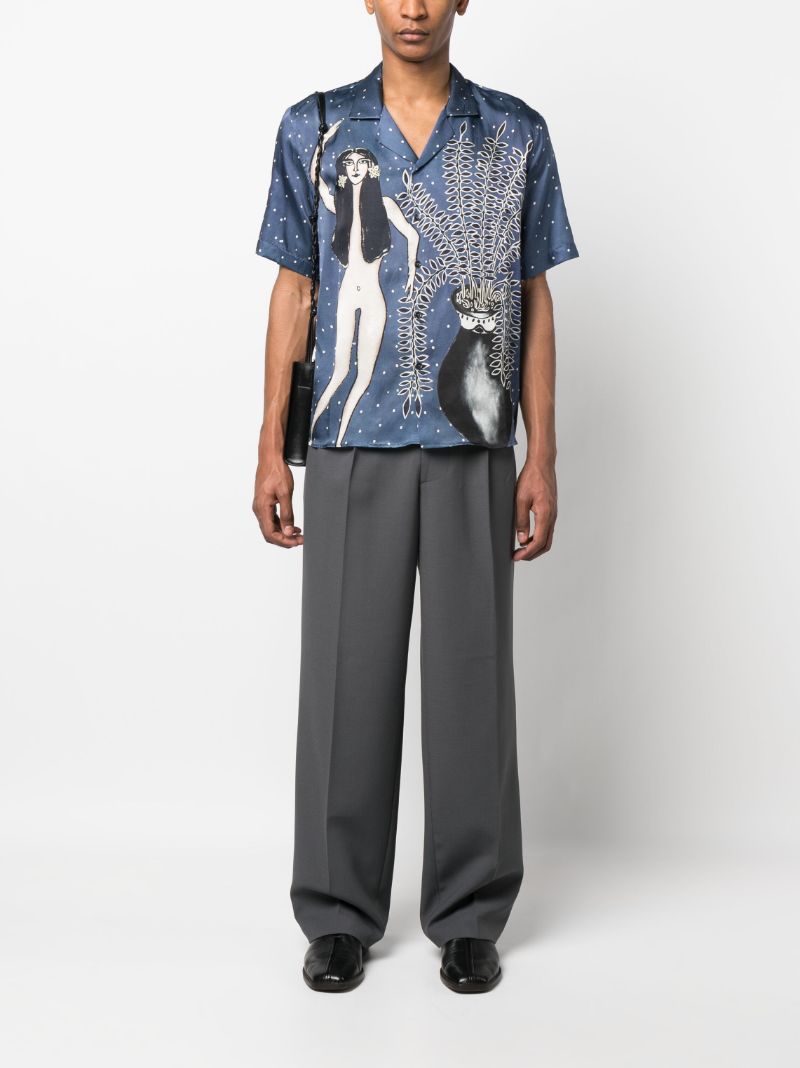 Dark Blue Fern Camp Print Silk Shirt