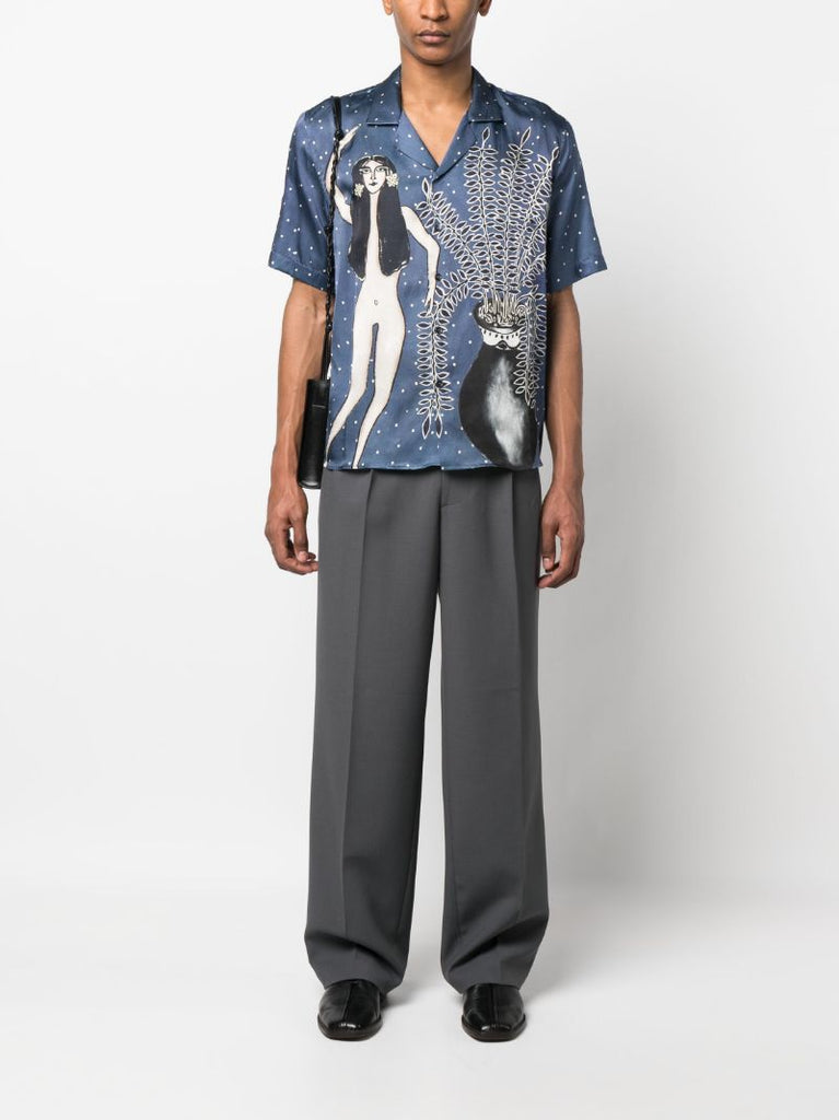Dark Blue Fern Camp Print Silk Shirt