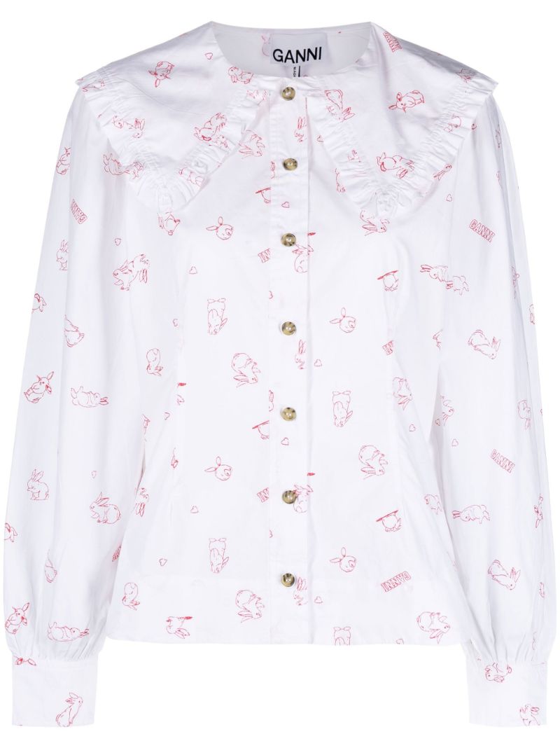 White Bunny Print Cotton Blouse