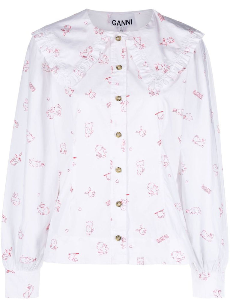 White Bunny Print Cotton Blouse