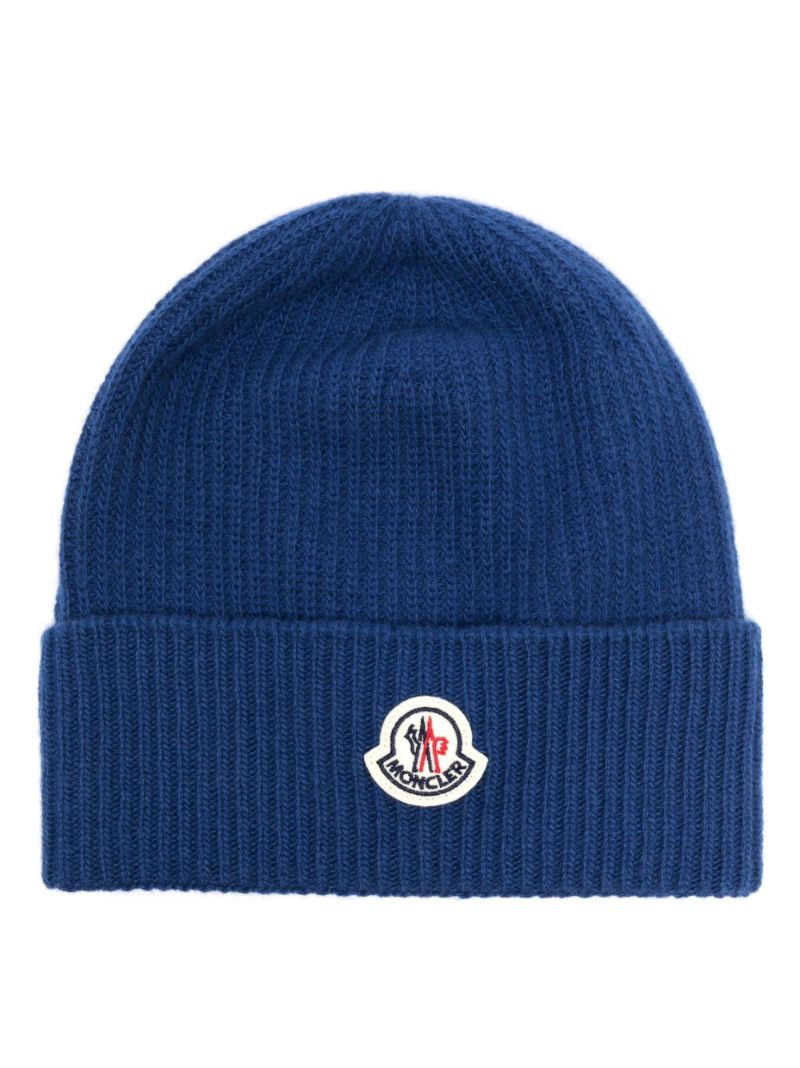 Blue Logo-patch Ribbed-knit Beanie