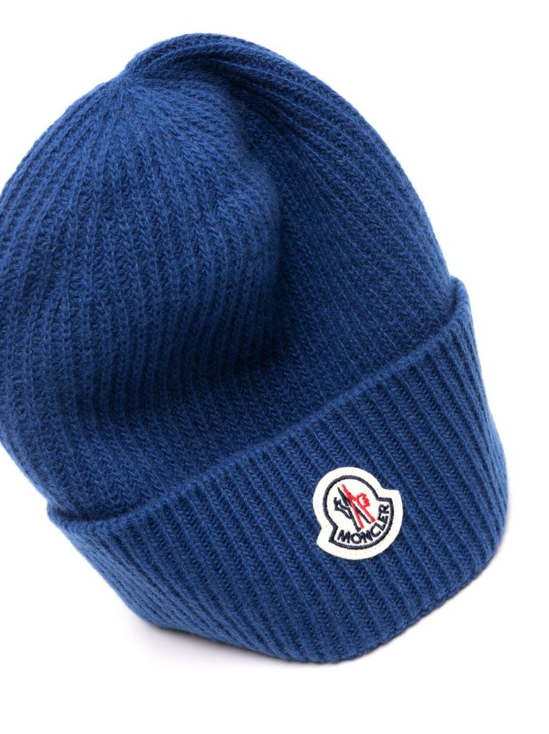 Blue Logo-patch Ribbed-knit Beanie