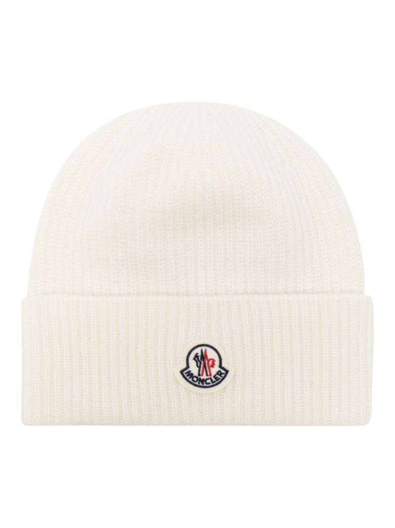 Neutral Ribbed-knit Logo-patch Beanie