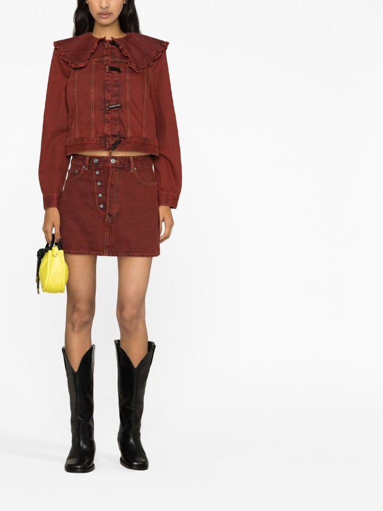 Red Overdyed Denim Mini Skirt