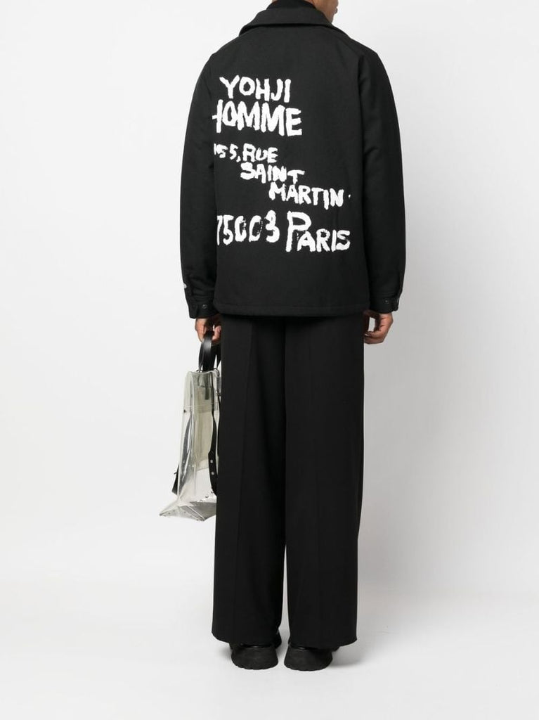 Black Slogan Print Wool Jacket