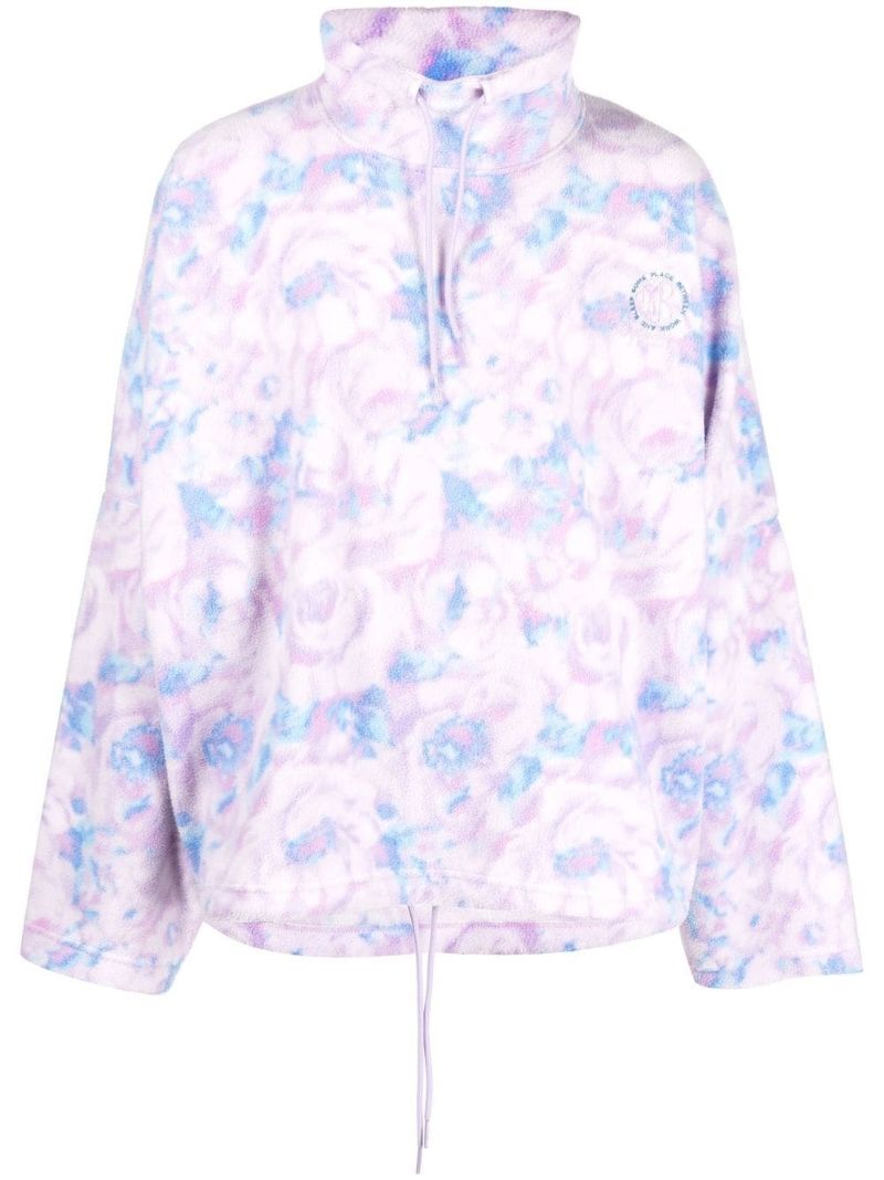 Purple Batwing Floral Print Fleece Jacket