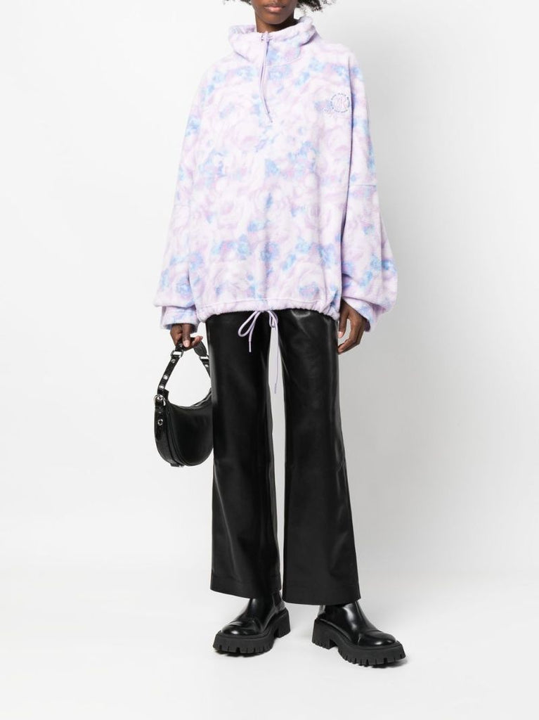 Purple Batwing Floral Print Fleece Jacket