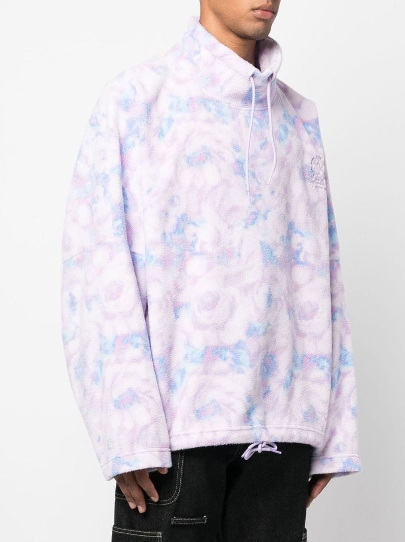 Purple Batwing Floral Print Fleece Jacket