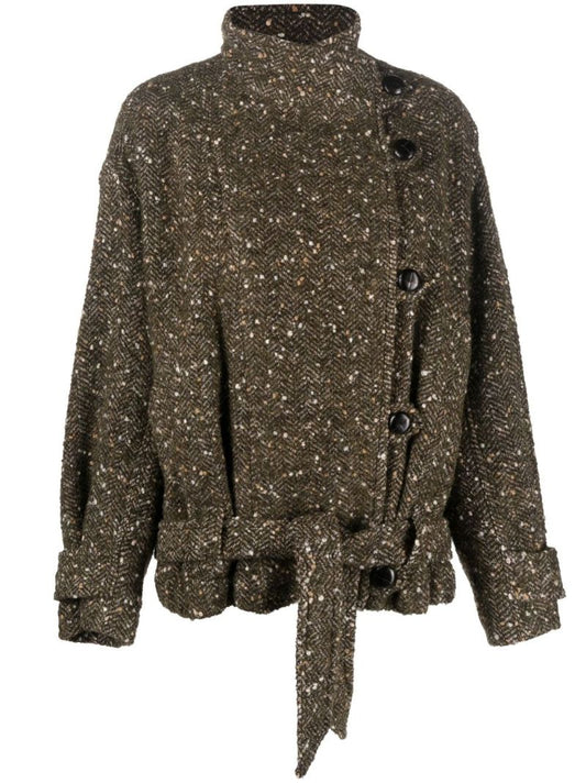 Green Janette Belted Herringbone BouclÃ_x0083_Â© Jacket