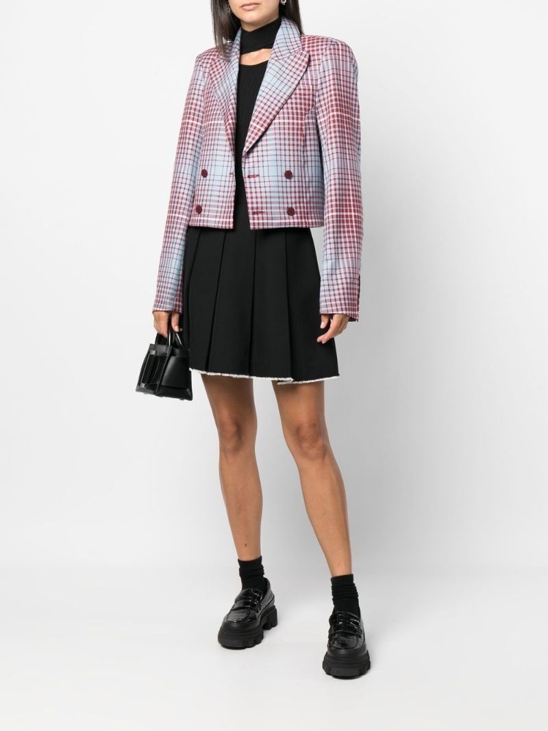 Blue Double-breasted Check Cropped Blazer