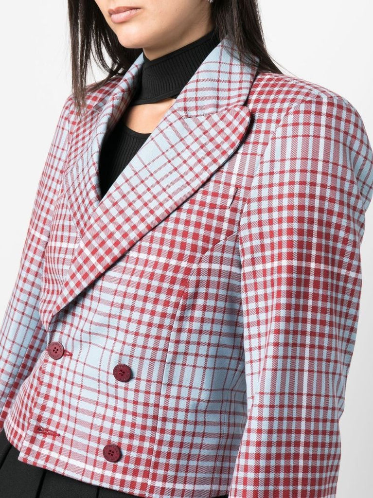 Blue Double-breasted Check Cropped Blazer