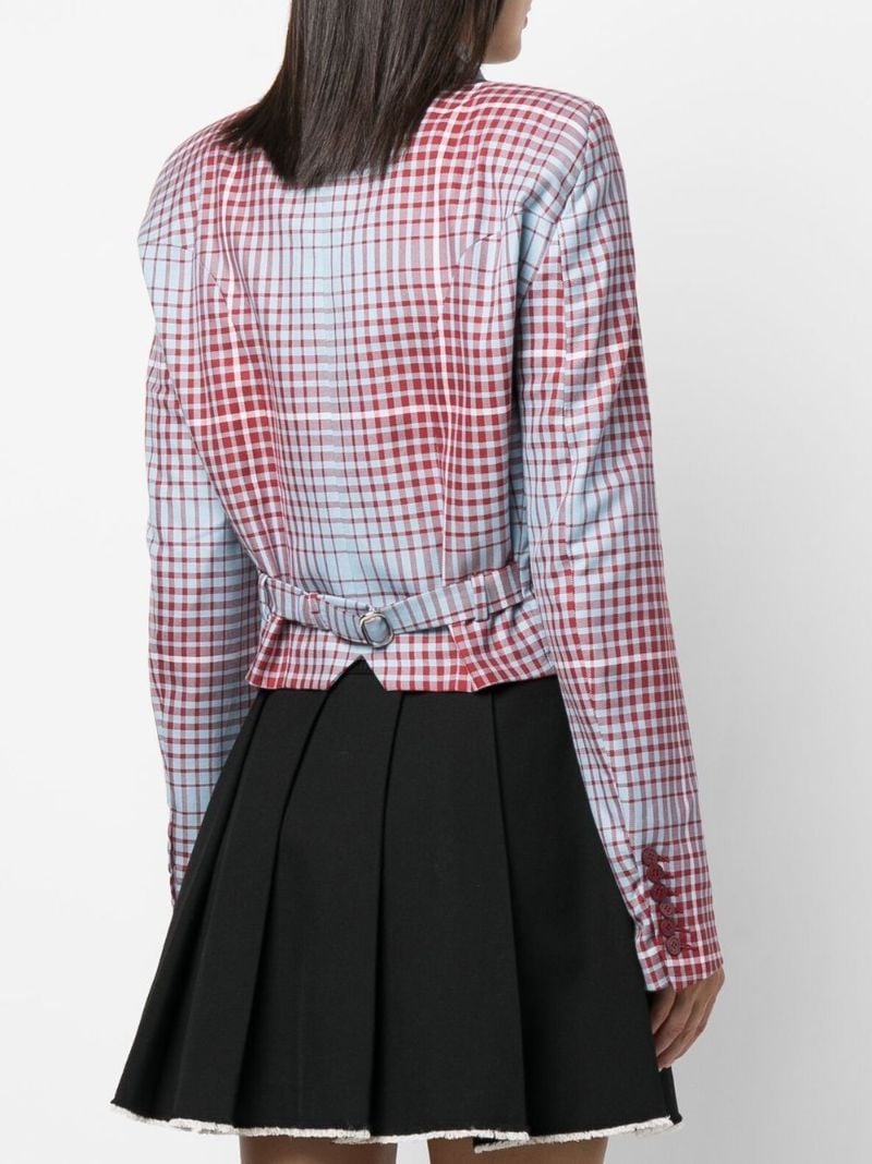 Blue Double-breasted Check Cropped Blazer