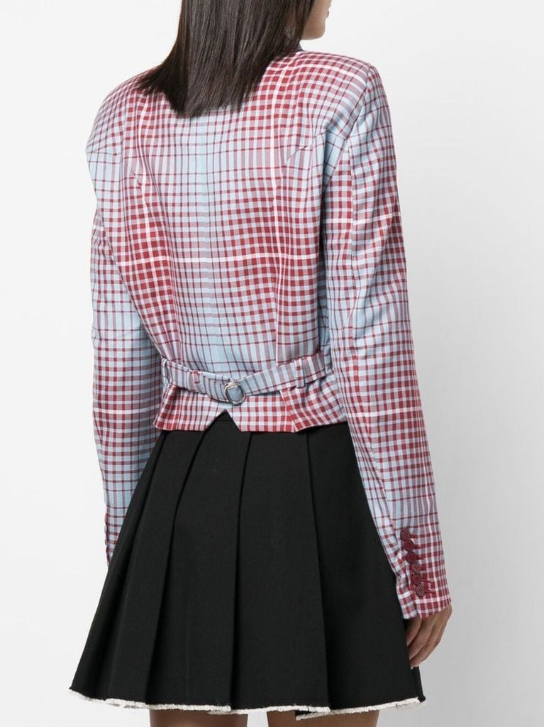 Blue Double-breasted Check Cropped Blazer