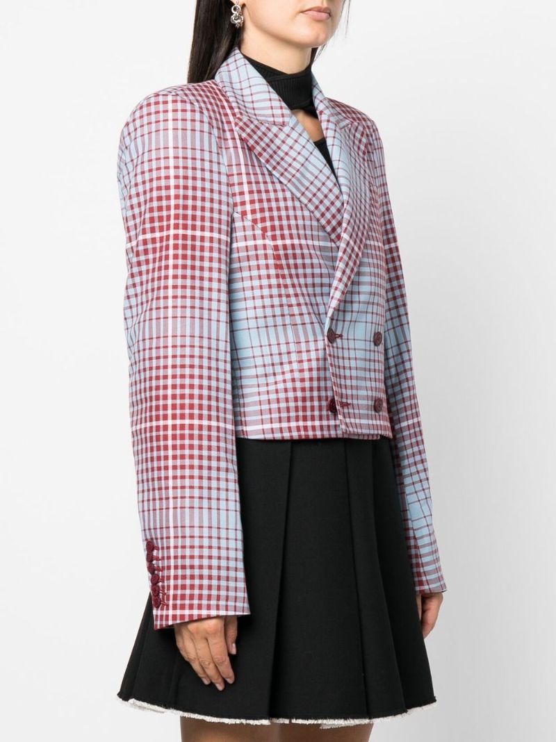 Blue Double-breasted Check Cropped Blazer
