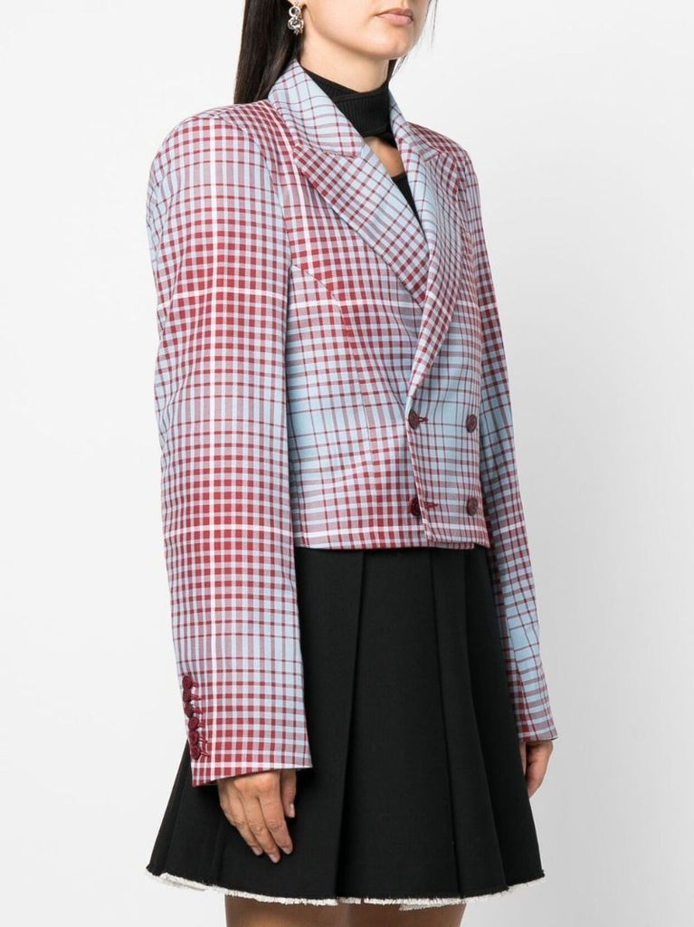 Blue Double-breasted Check Cropped Blazer