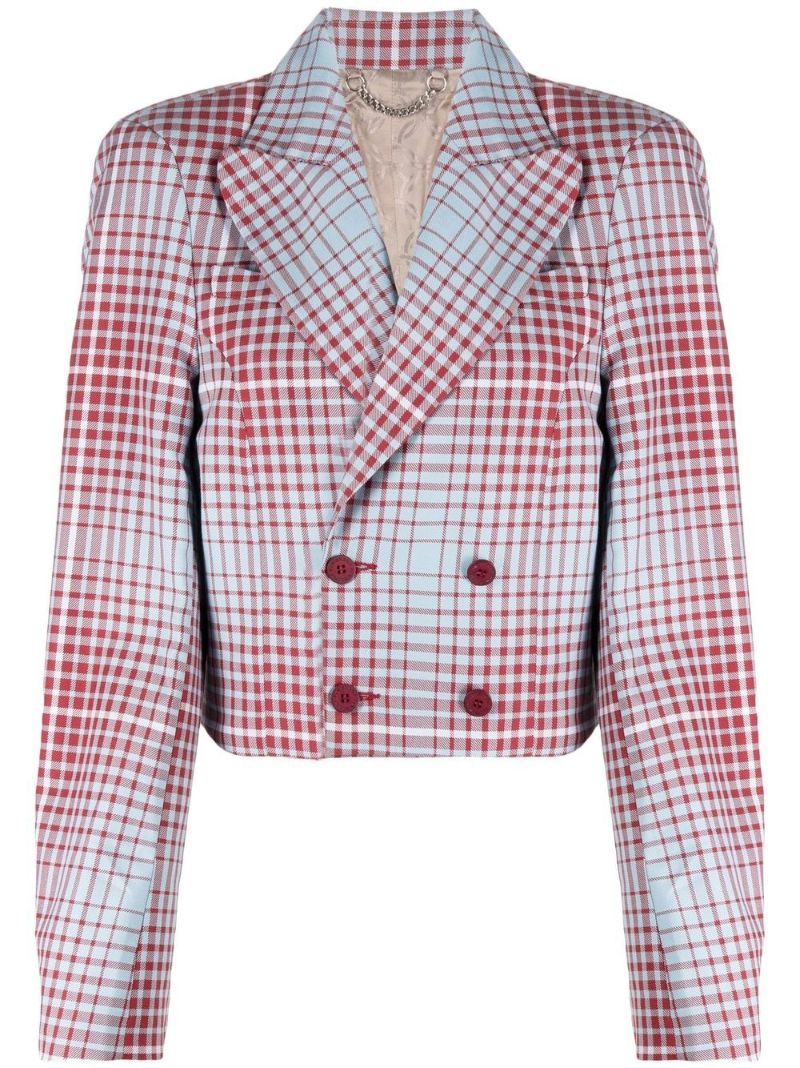 Blue Double-breasted Check Cropped Blazer