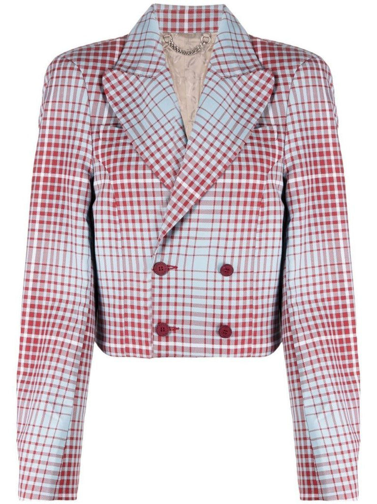 Blue Double-breasted Check Cropped Blazer