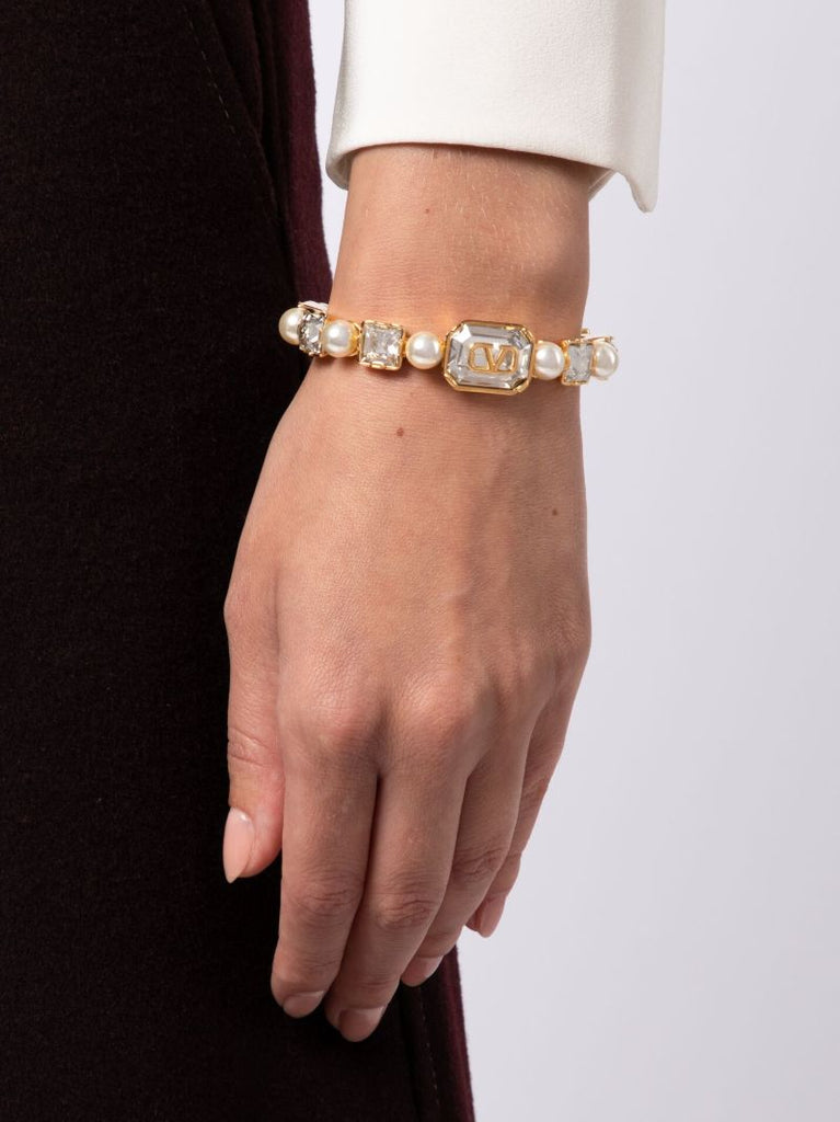 Gold-plated Vlogo Signature Faux Pearl and Crystal Bracelet