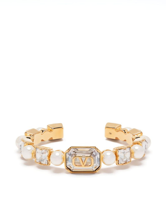 Gold-plated Vlogo Signature Faux Pearl and Crystal Bracelet