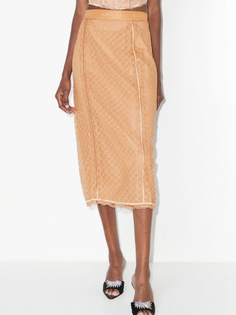 Neutral Gg Lace Midi Skirt